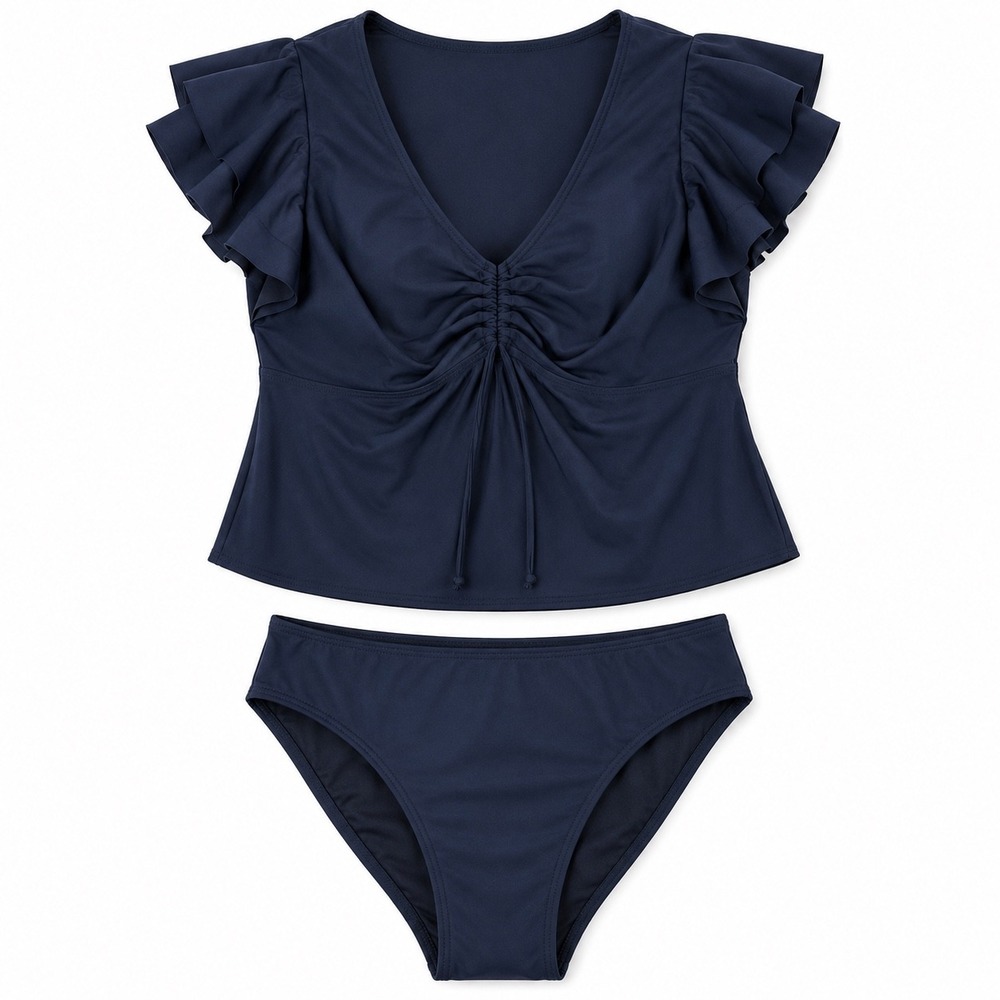 Tempt Me Womens Swim Dress 18W Nylon Black Ruffle Sleeve Ruched Plus Tankini Set